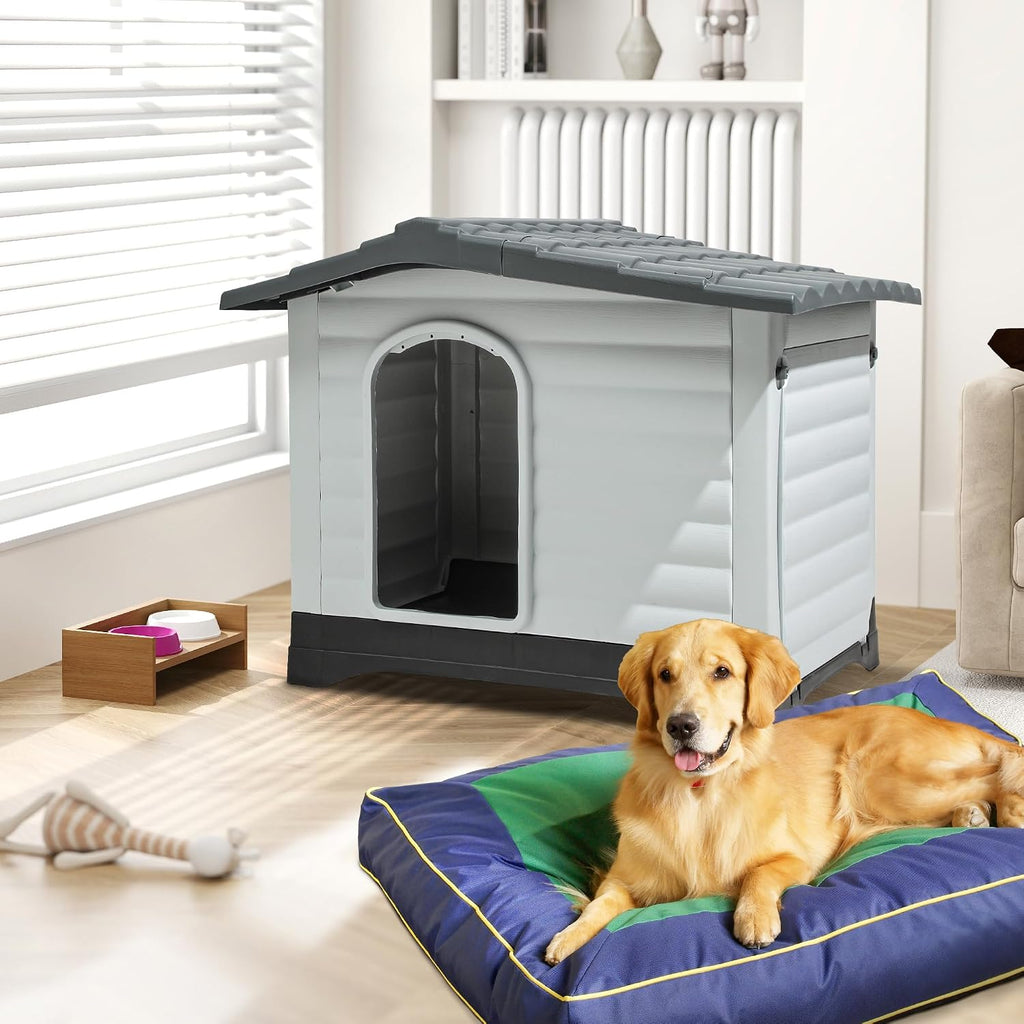 2-Door Large Dog House with Elevated Base & Cushion, Weather-Resistance Dog Bed House for Indoor/Outdoor Use, Easy