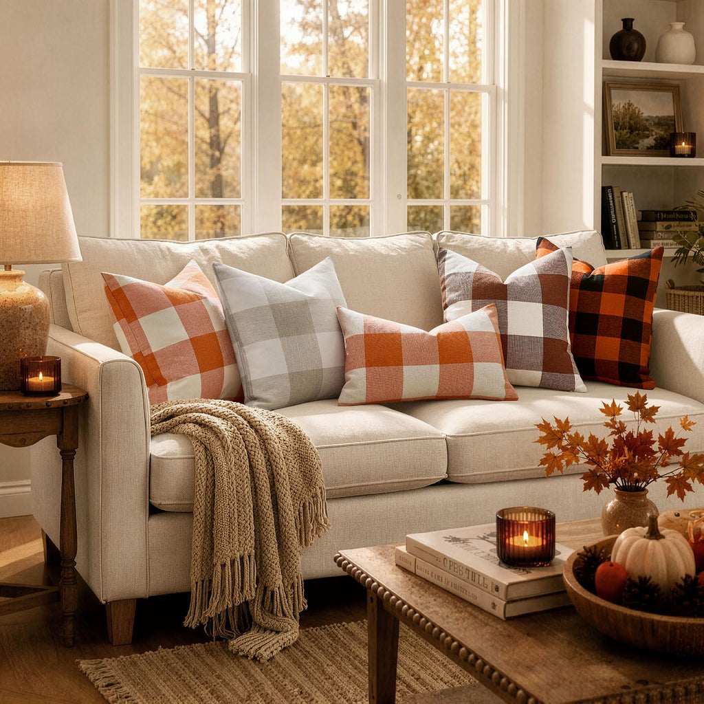Fall Plaid Pillow Covers 20x20 Orange and White Pack of 2