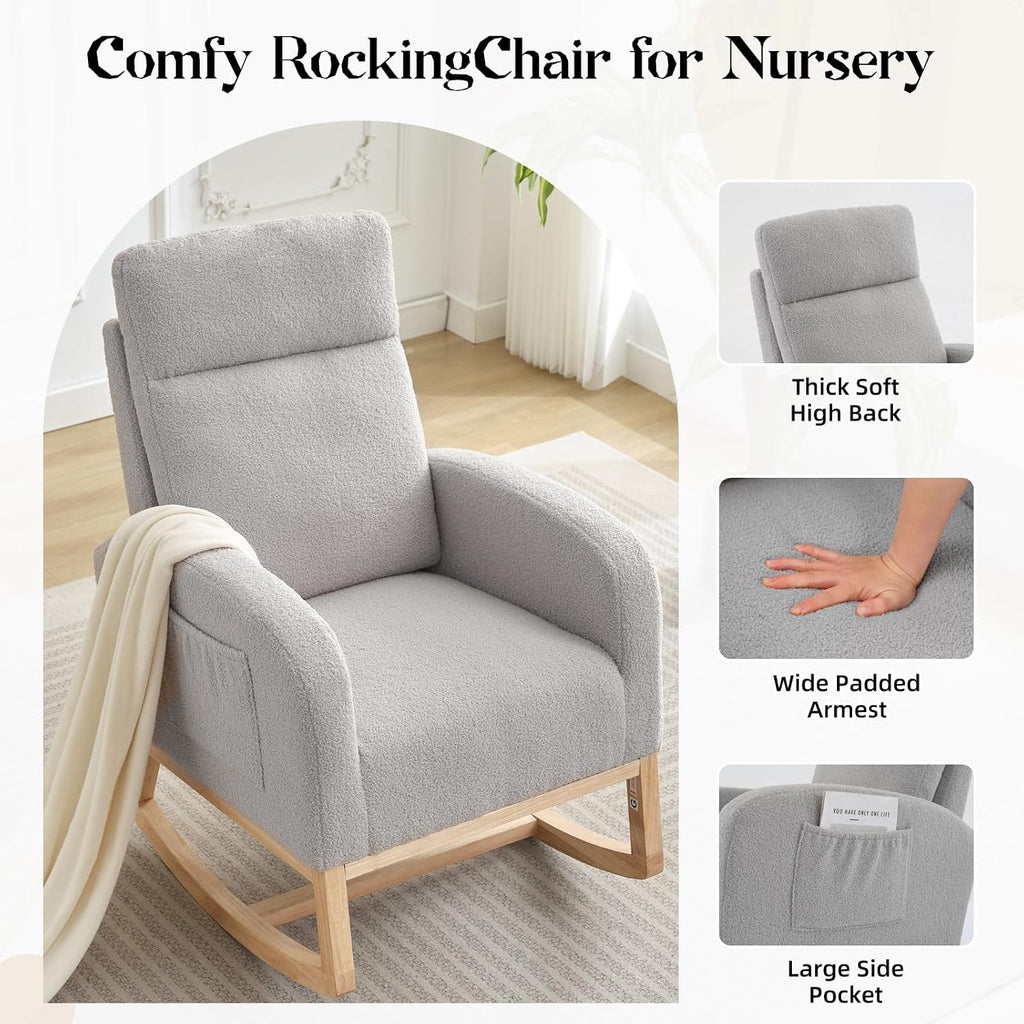 Rocking Chair Nursery,Glider Chair Nursery Chair with High Back and Side Pocket, Rocking Accent Armchair with Rubber