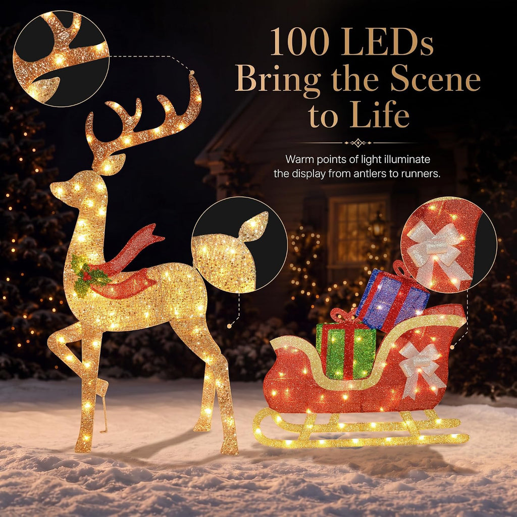 43 ‌"‌ 2.5D Lighted Christmas Reindeer with Sleigh Outdoor Decorations, Deer Pulling Gift Sled with 100 Warm White