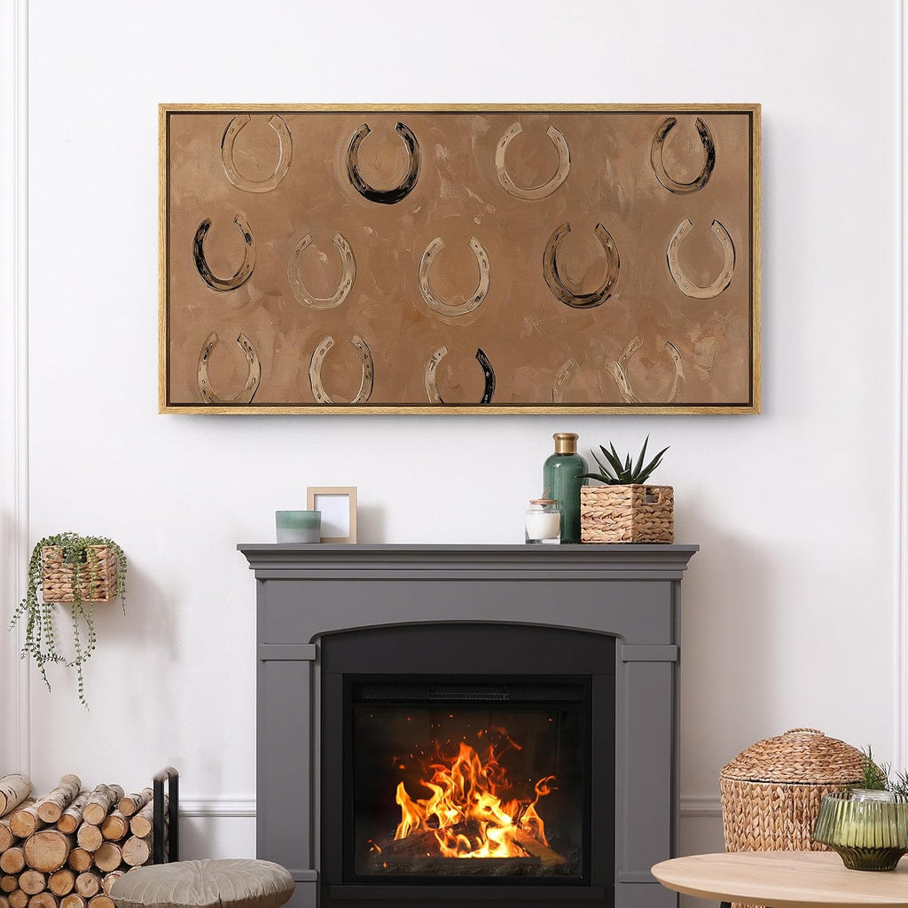 Extra Large Framed Canvas Print Wall Art Rustic Horseshoe Pattern Western Country Abstract Brown Horse Illustrations