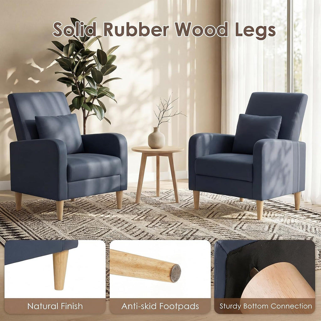 Mid-Century Modern Upholstered Accent Chair with Back Pillow & Solid Wood Legs, Leather Cozy Armchair, Reading Nook - Set of 2