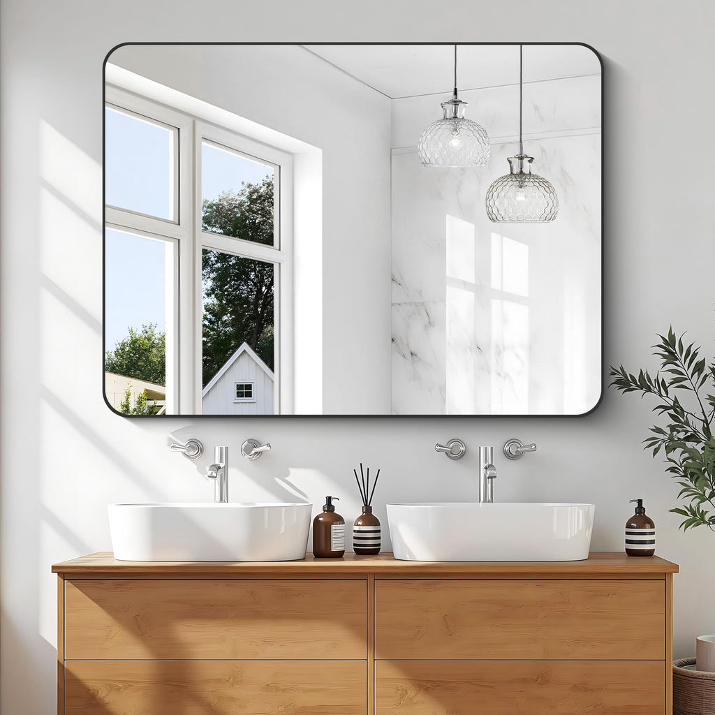 Bathroom Mirror, 36"x48" Black Rectangle Vanity Mirror, Black Metal Frame Mirror with Rounded Corner