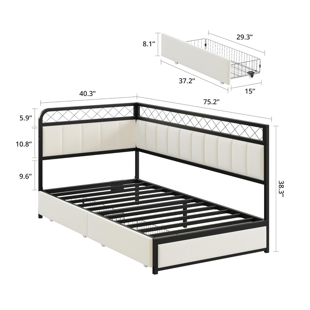 Twin Corner Bed Frame with 2 Storage Drawers, Daybed with LED Lights and Charging Station, Metal Platform Bed Frame