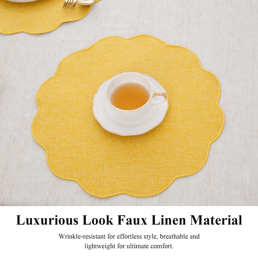 Yellow Round Scalloped Placemats Set of 4 Polyester Linen Blend