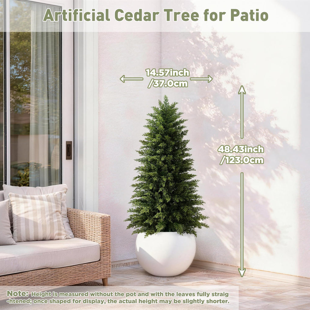 4ft Artificial Cedar Topiary Tree, Set of 1 Realistic Faux Evergreen Shrub Plant in Planter, Indoor Outdoor Fake