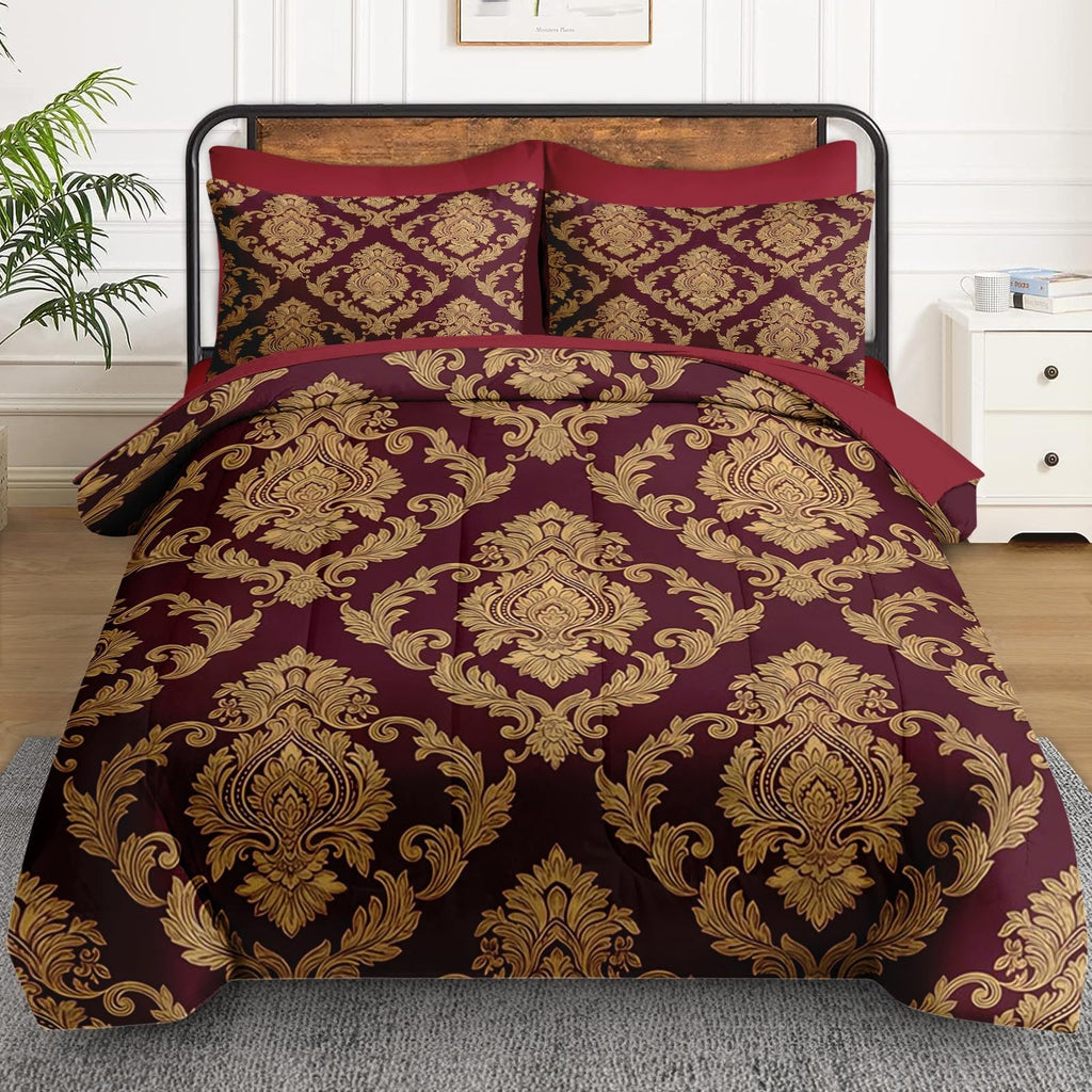 Queen Comforter Set with Sheets, 7 Pieces Damask Red Bedding