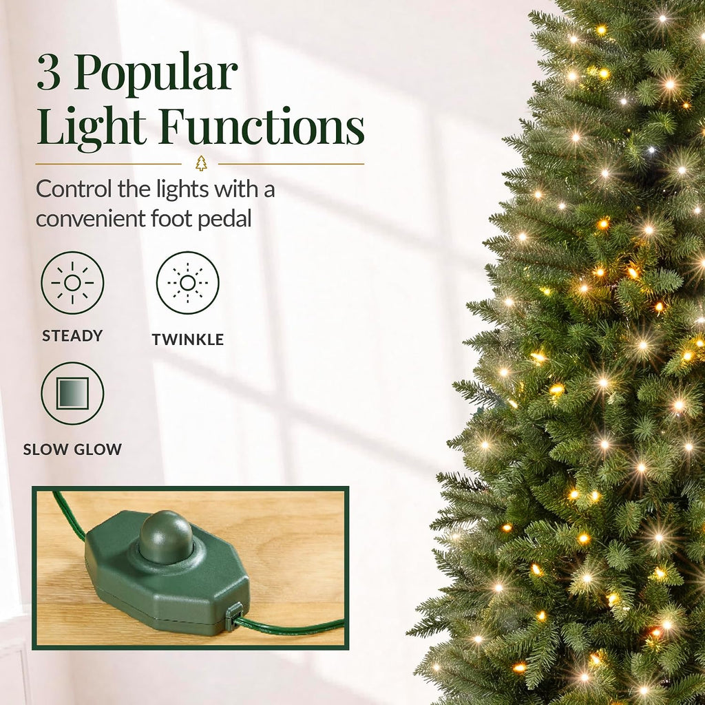 Artificial Pencil Christmas Tree with LED Twinkling Lights, Pre-Lit Spruce Realistic Holiday Xmas Décor, 250