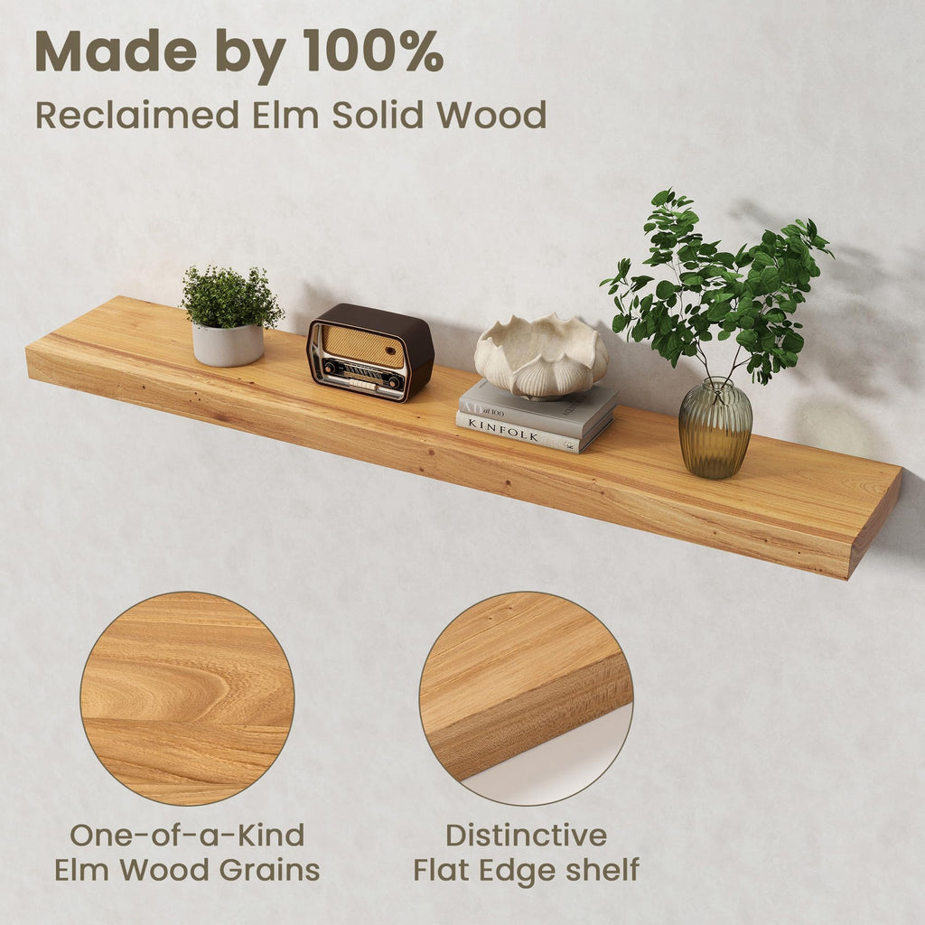 Floating Shelves for Wall, Solid Elm Wood Floating Shelf, 48 x 8 Inch Rustic Wall Shelf with Invisible Brackets