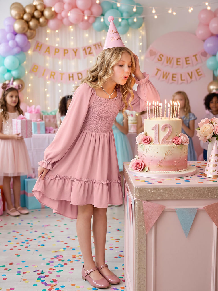Girls Long Sleeve Fall Smocked High Low Dresses Pink
