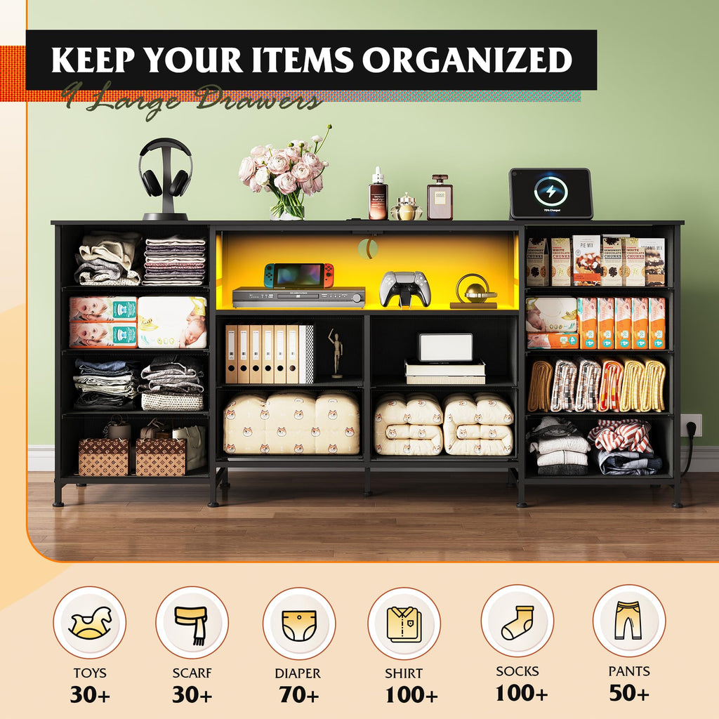 LED Fabric Dresser TV Stand for 75 Inch TV, 12 Drawers, Black Dresser