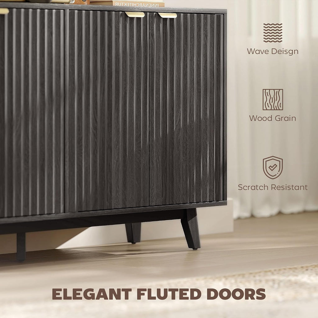 Fluted Sideboard Buffet Cabinet, 55" Modern Accent Console Cabinet with 4 Doors, 2 Adjustable Shelves and 5 Wood Legs