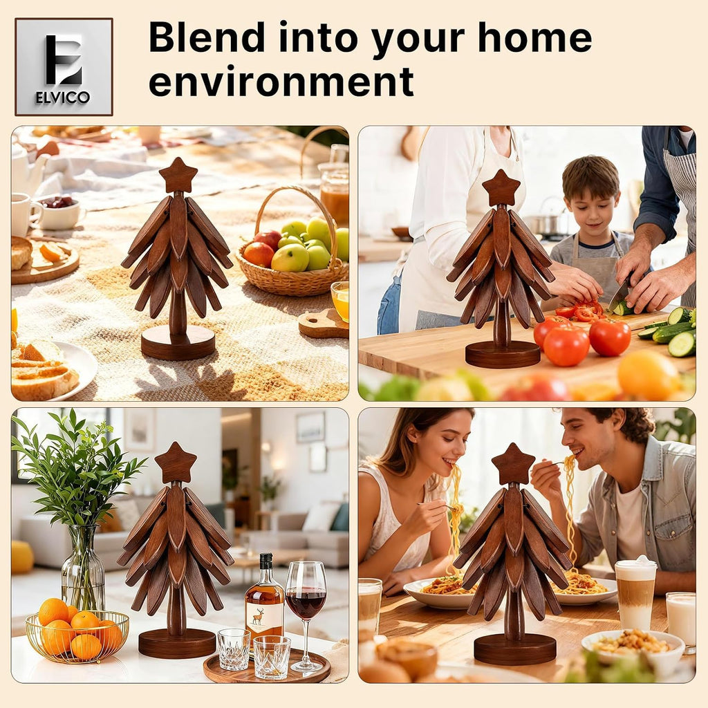 Wooden Trivets for Hot Dishes, Wooden Tree Trivet + 1 Stand - Set of 4