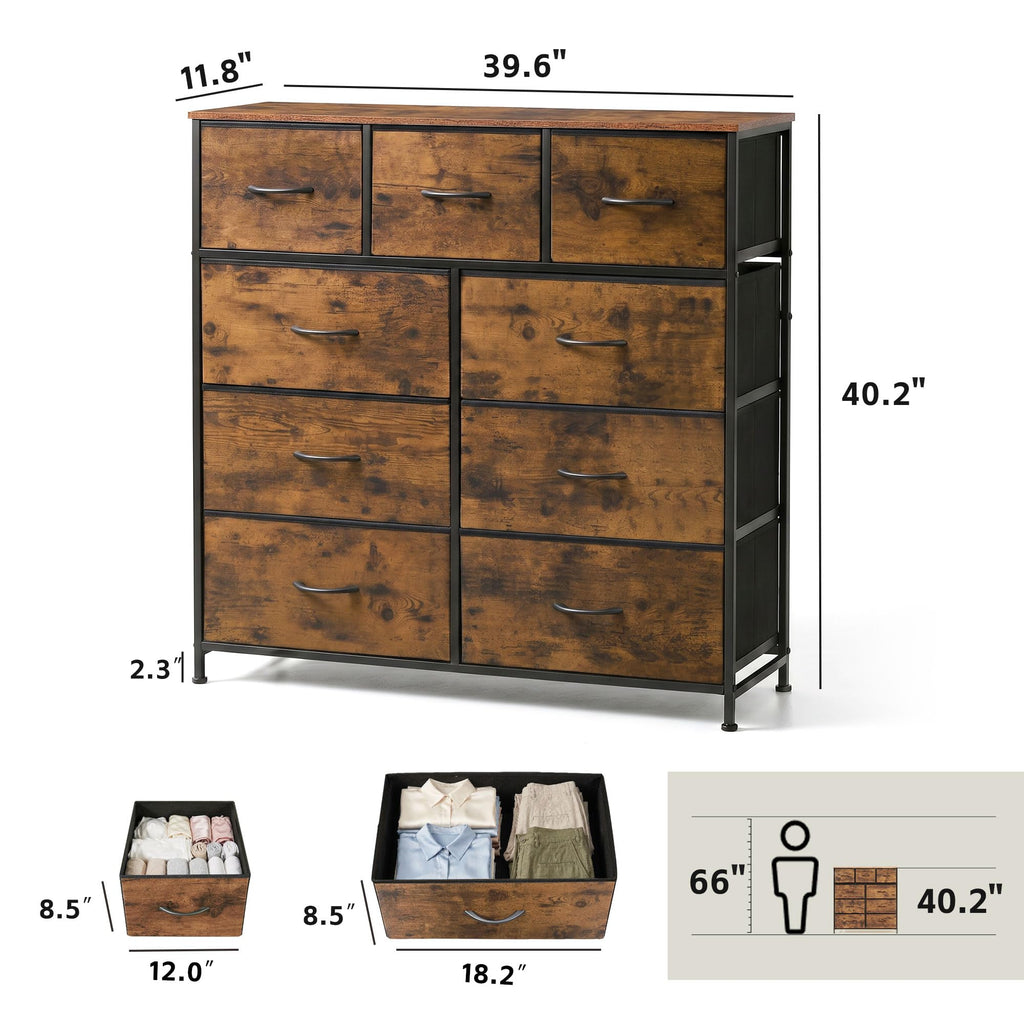 Tall Dresser, 9 Drawer Chest of Drawers, Rustic Brown