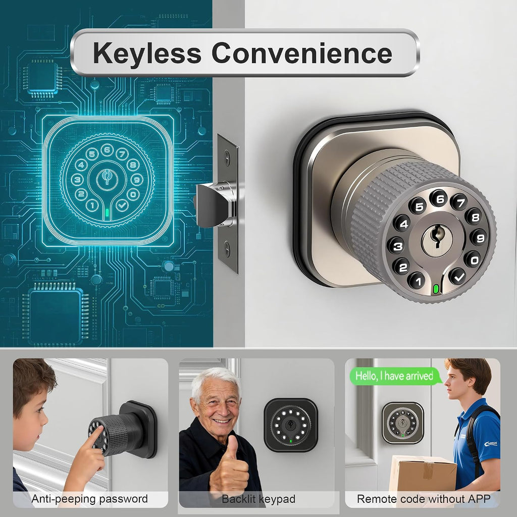 Keyless Entry Knob Lock with Keypad and Key,Auto Lock,Waterproof,Easy to Install and Program, Work with 4 AAA