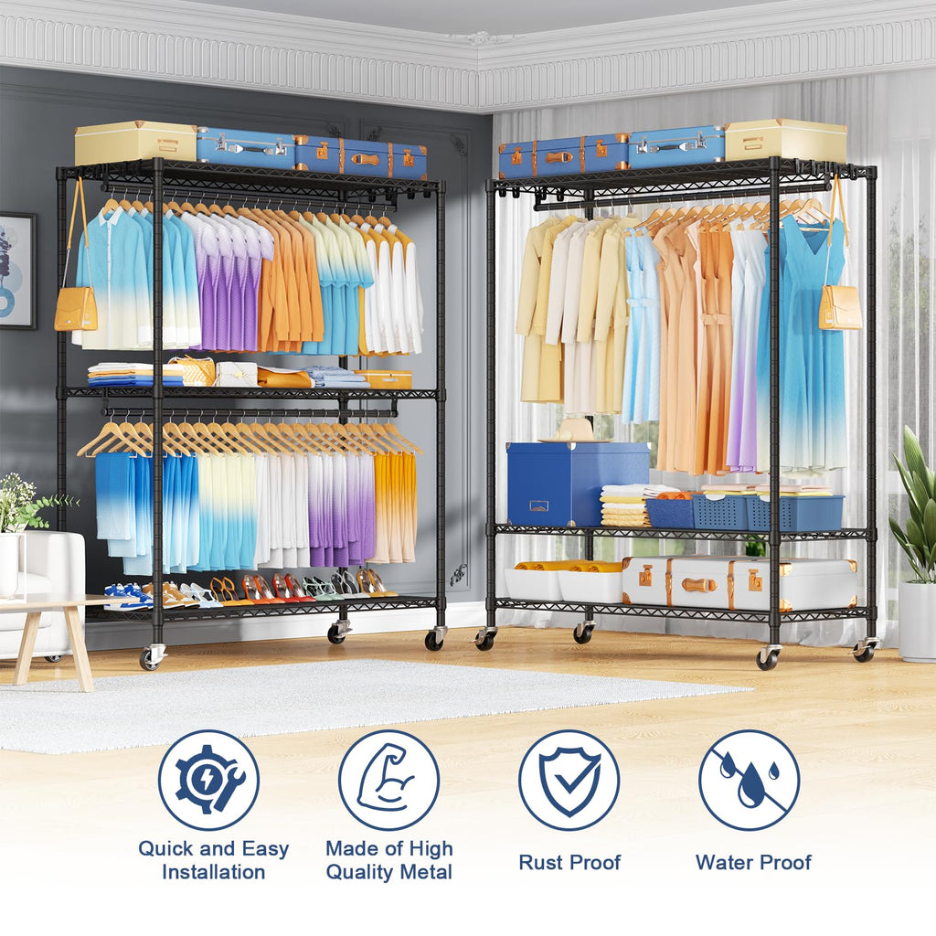 P8 Max Heavy Duty Clothes Rack(With Extended Width Design) Rolling Clothing Racks for Hanging Clothes, Portable