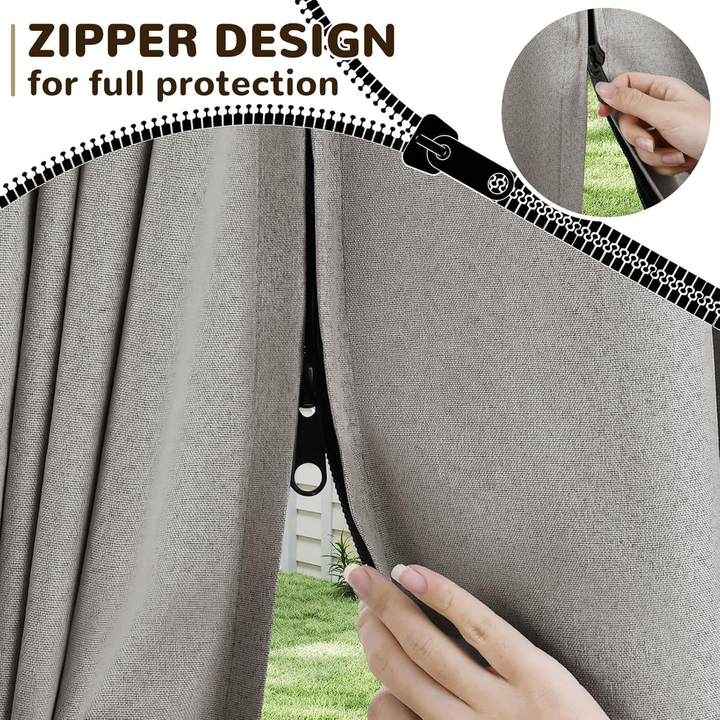 Linen Outdoor Curtains Waterproof with Zipper Blackout Curtains 2 Panels Top & Bottom Grommet Patio Outdoor Privacy