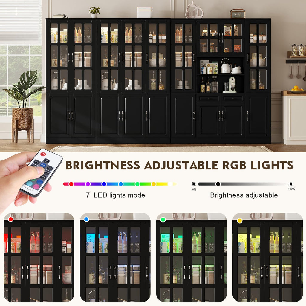 78.7" Kitchen Pantry Storage Cabinet with LED Lights, Tall Pantry Cabinet with Glass Doors, Kitchen Hutch Utility