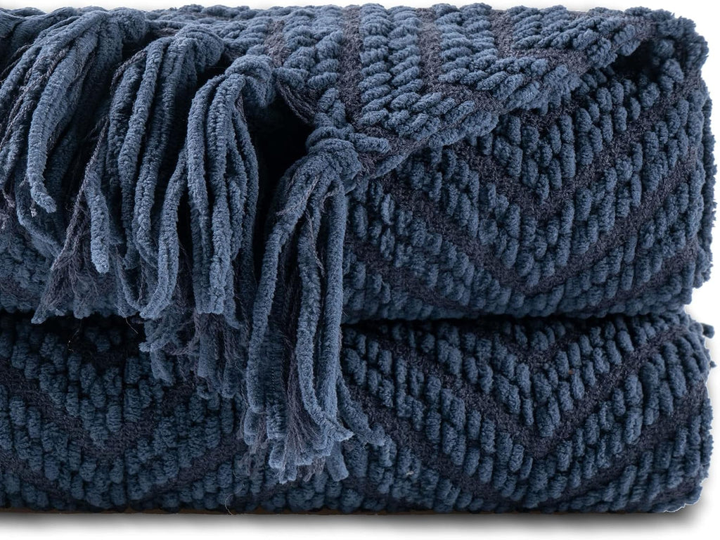 Navy Blue Throw Blanket, Knitted Blue Blanket Throw 50'' x 60'', Super Soft Warm Navy Throws for Chair Sofa Home Decor