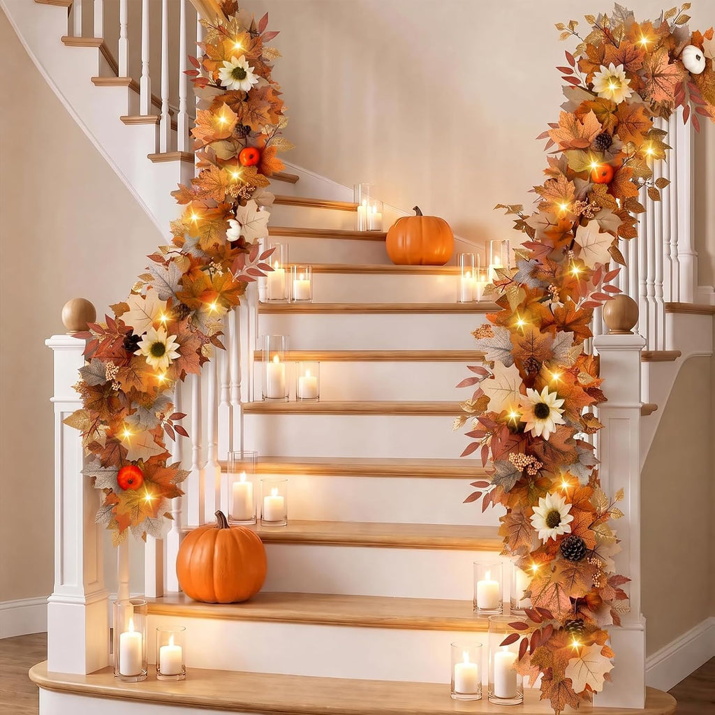 6Ft Lighted Fall Garland with Lights Sunflower Pumpkins for Mantle - Set of 6