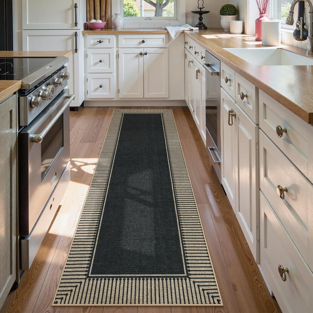 Easy Jute 2'6"x8' Runner Rug, Black Indoor Outdoor Striped Runner