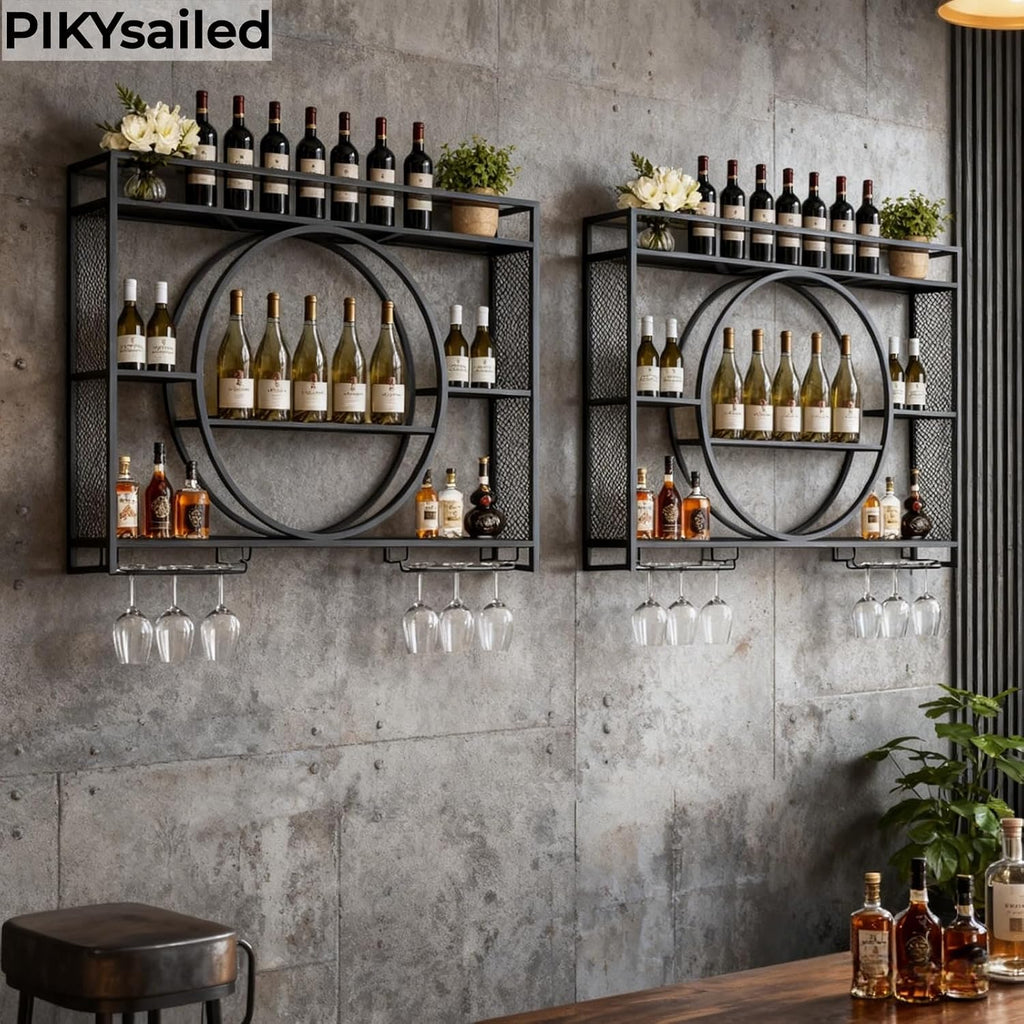 39 Inch Metal Wall Mounted Wine Rack, 3 Tier Bar Shelves with Glass Holder, Large Capacity Modern Liquor Shelves Bar
