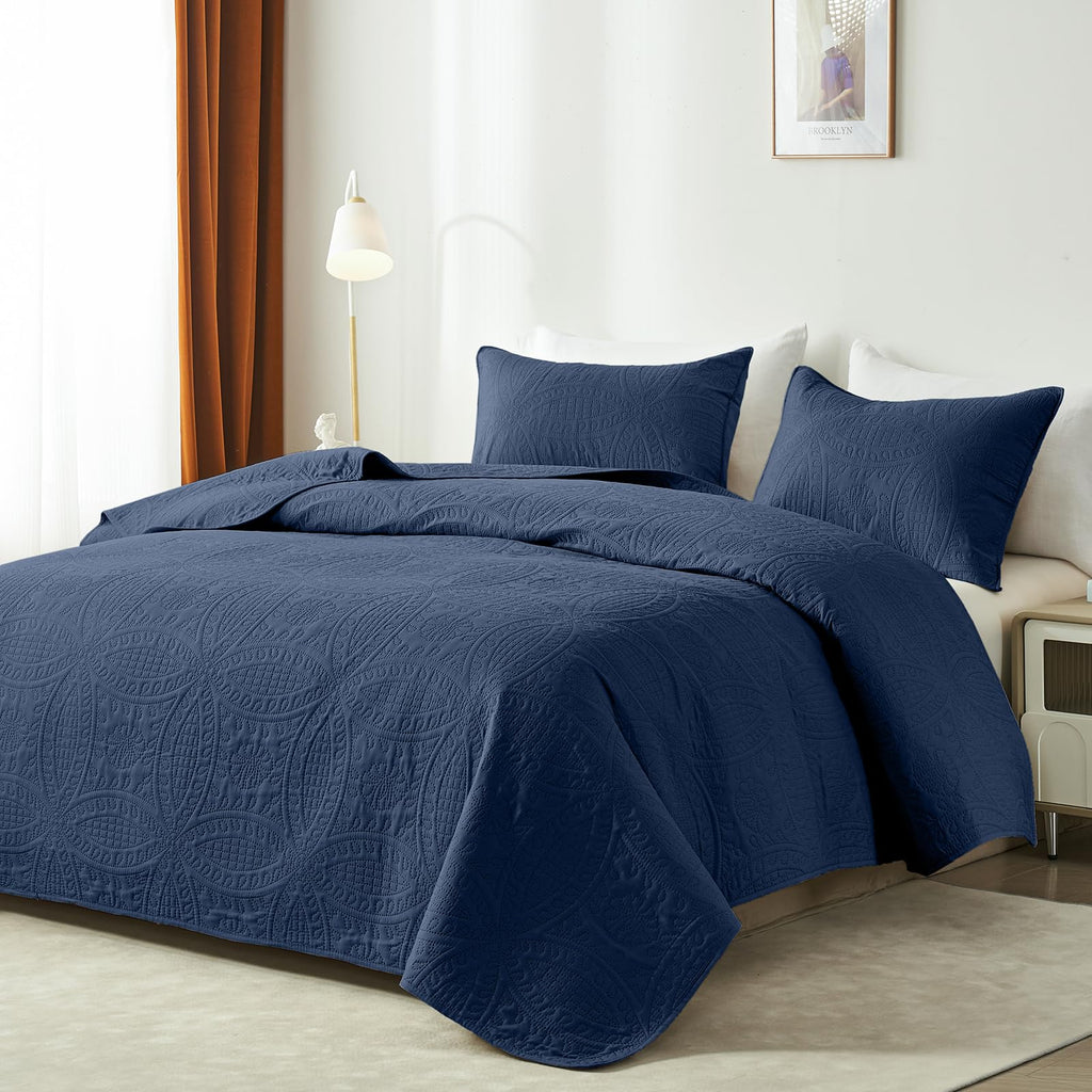 118"x106" Navy Quilt Set, Oversized Floor-Length Bedspread, Modern Coin Pattern Microfiber Coverlet