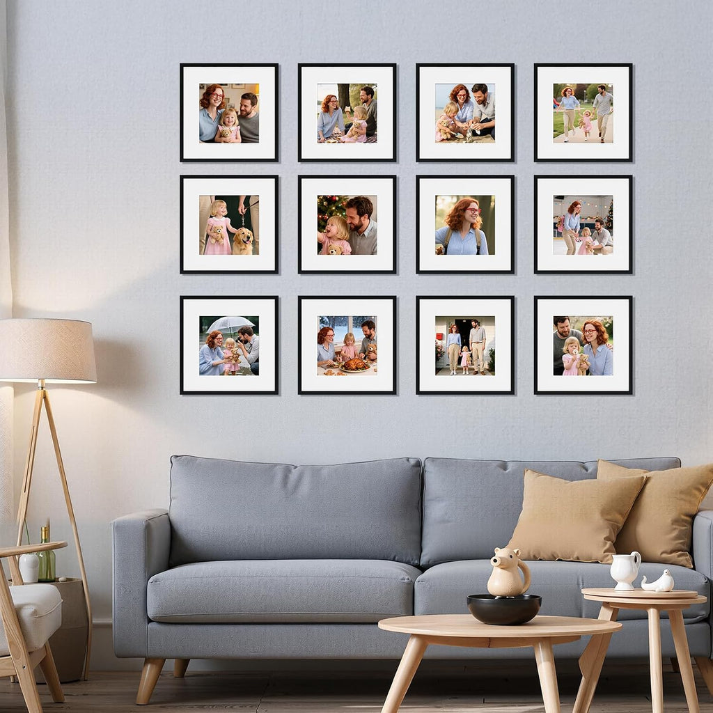 12x12 Picture Frame Black Set of 16, Matted to 8x8 Photo with Mat, Lightweight Square Gallery Frames for Wall Hanging
