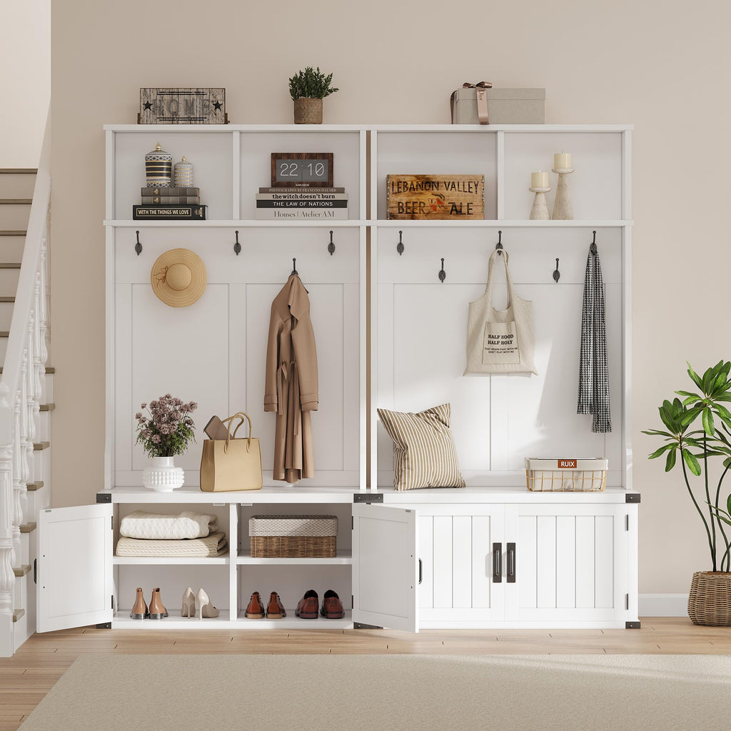 Hall Tree with Bench and Shoe Storage, 77" Tall Farmhouse Entryway Bench with Coat Rack and Mudroom Organizer