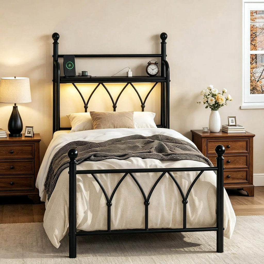 Twin Size Metal Bed Frame, Classic Victorian Iron-Art Headboard, Black