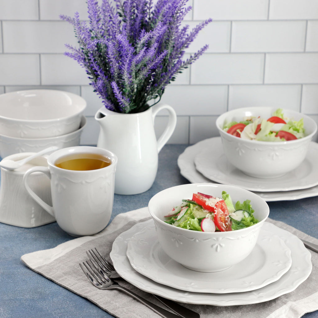 Henryi 16 Piece Embossed Rim Detail Porcelain White Dinnerware Set, Tableware Set, Serveware (16 Piece)