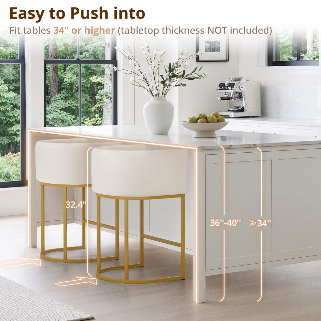 27" H Counter Height Bar Stools, Modern Barrel Counter Stools with Backrest and Arms, Gold Metal Frames, Linen Fabric
