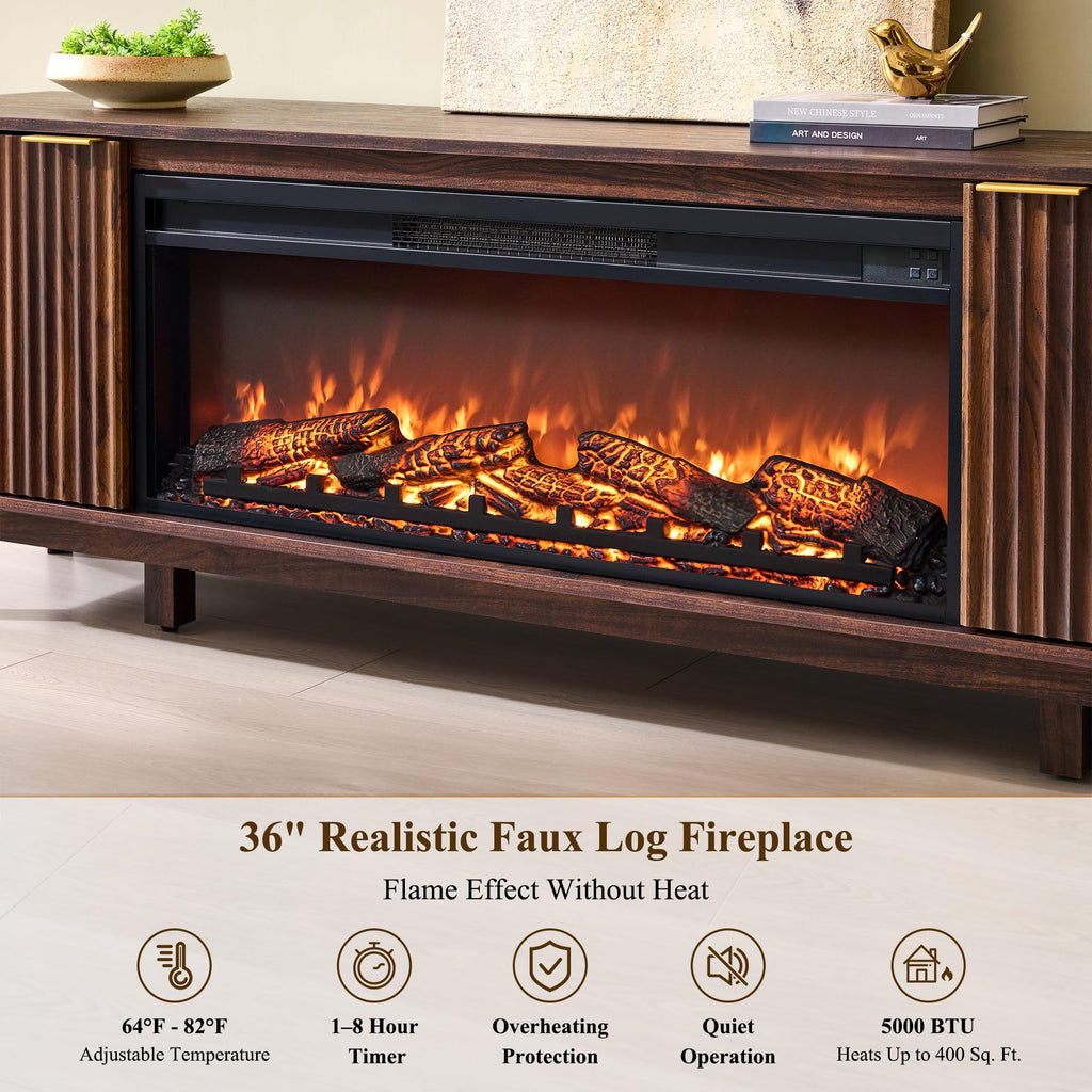 70" Fluted Fireplace TV Stand with 36" Electric Fireplace, Dark Walnut