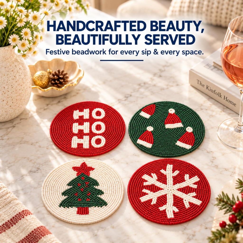 Christmas Coasters Set of 4 Beaded Coasters with Christmas Theme