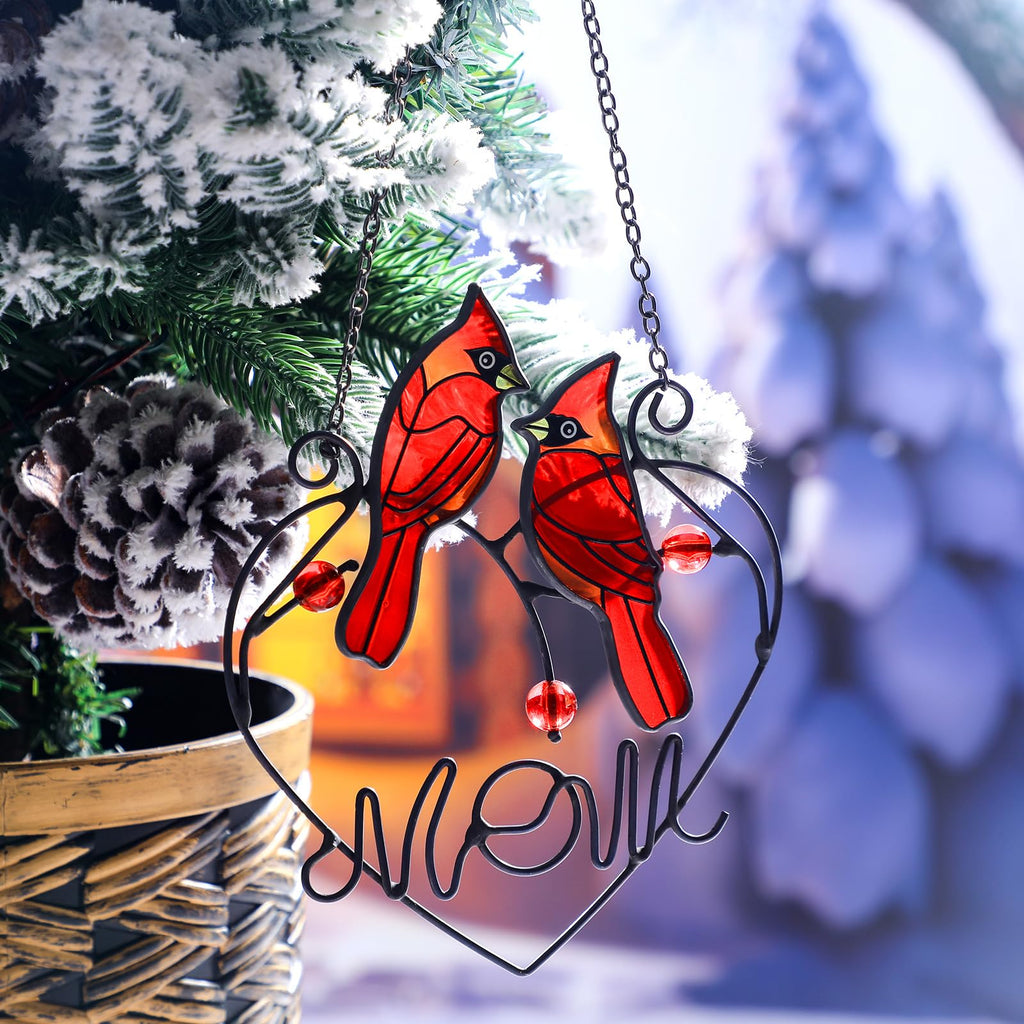 Red Cardinal Stained Glass Suncatcher Bird Ornament with Chain