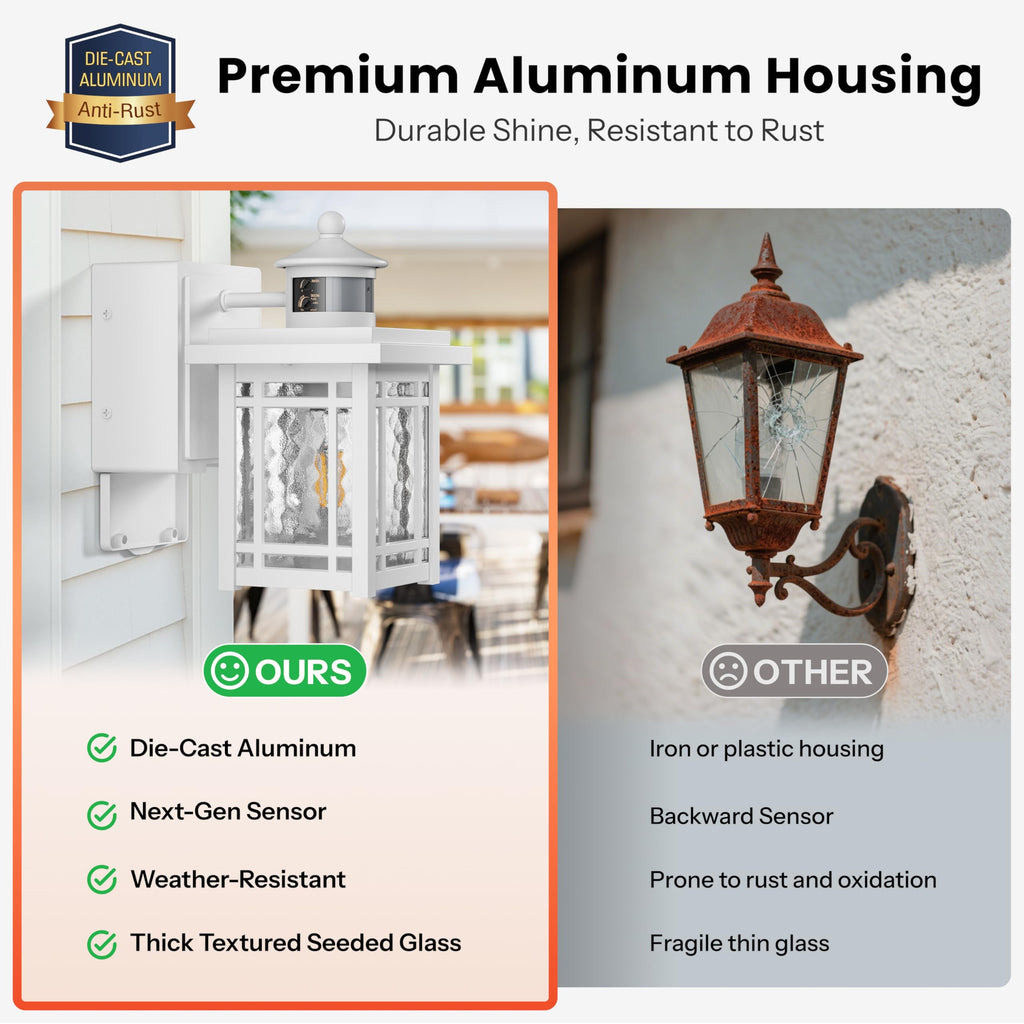 White Outdoor Porch Light with Outlet, 2-Pack Aluminum Front Door Motion Sensor Light, Waterproof Outside Garage