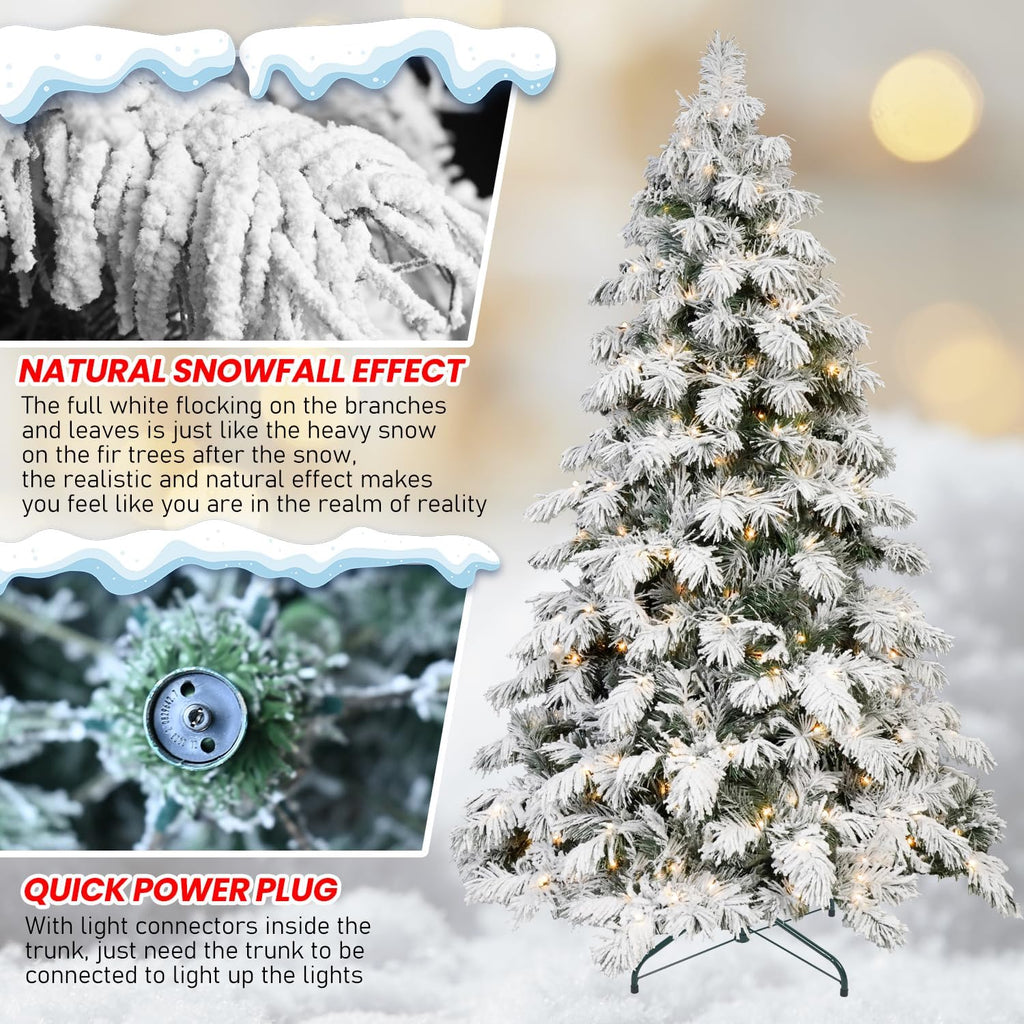 Prelit Flocked Christmas Tree, Premium Artificial Christmas Tree with 270 Warm White Lights and 594 Branch Tips