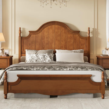 California King Solid Wood Poster Bed with Arched Headboard, Brown