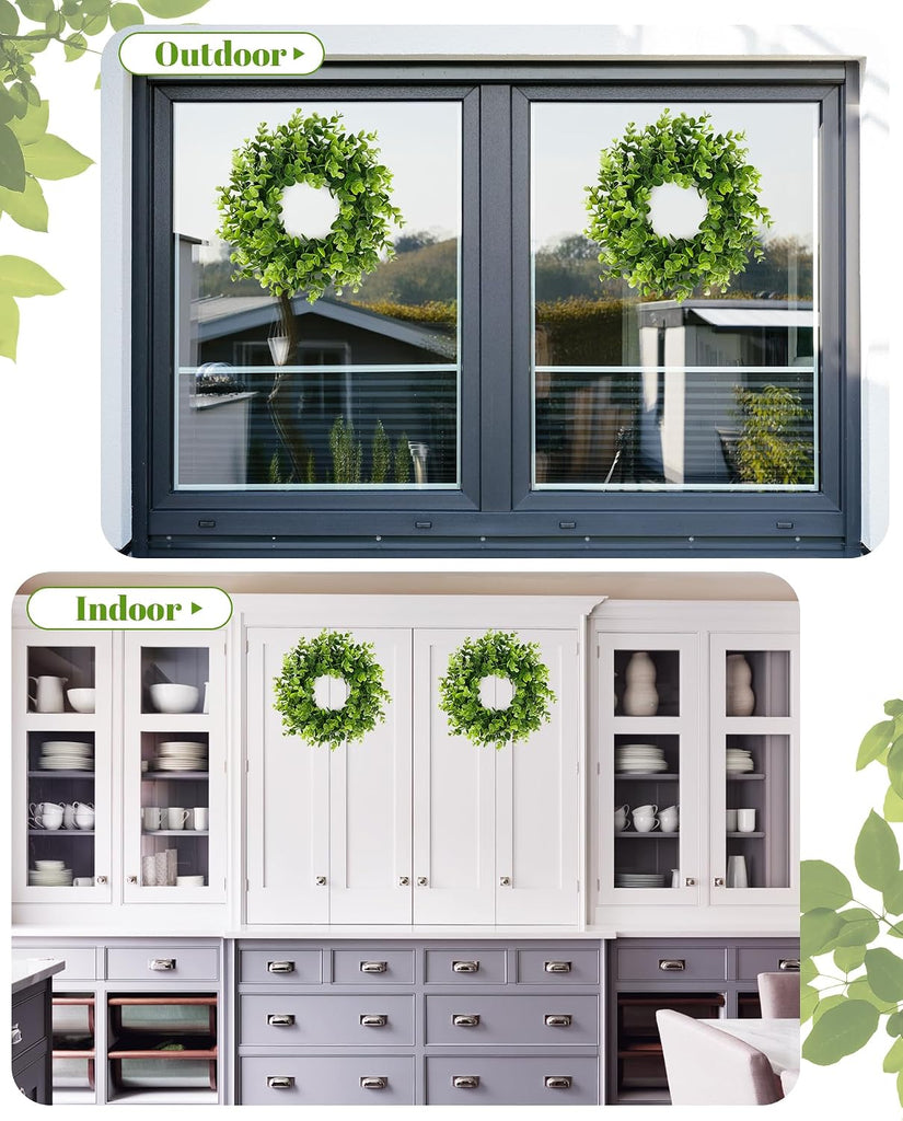 Inch Artificial Boxwood Small Wreath for Front Doors, 2 Packs Green Leaves Wreath, Spring Summer Mini Wreaths - Set of 2