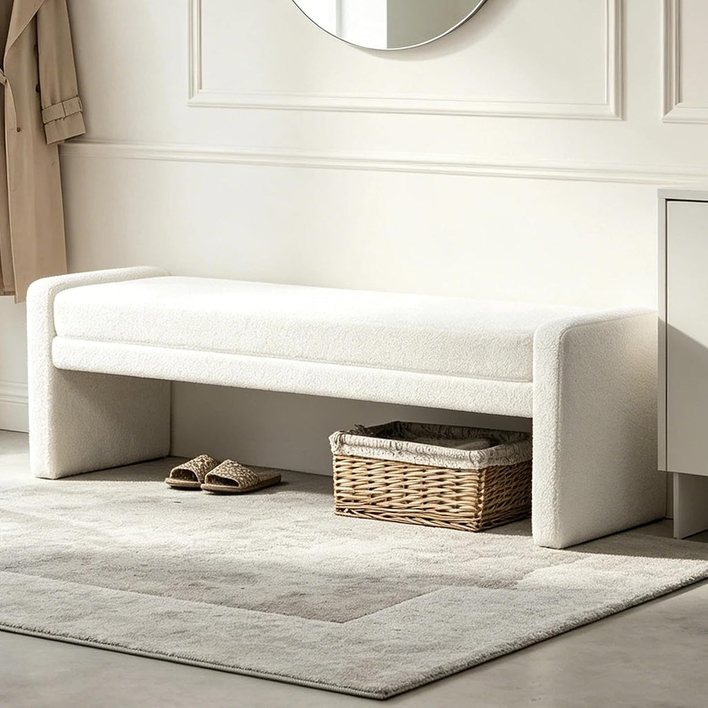 66.9" White Upholstered End of Bed Bench Fit Full/Queen/King Size Bed,Modern Under Window Bench,Rectangle Ottoman
