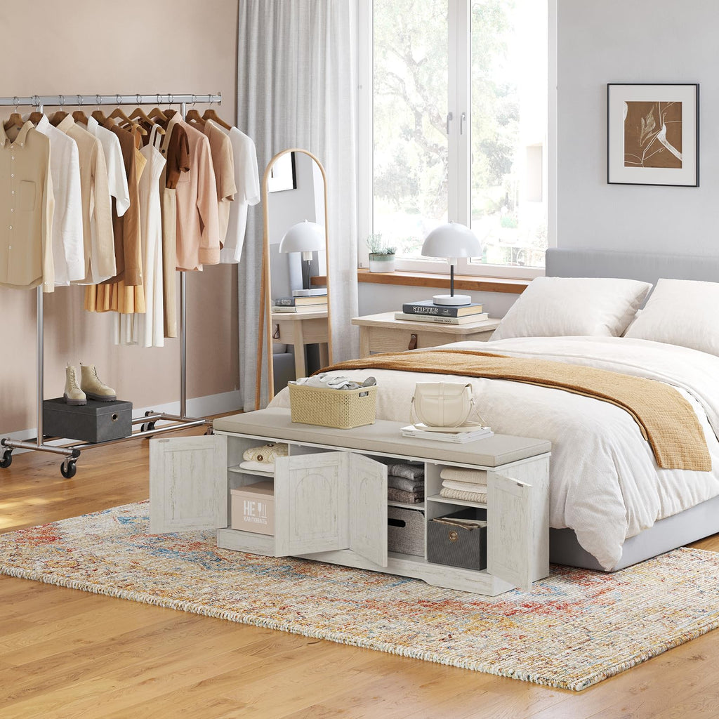 Shoe Storage Bench with Cushion, Door, Rustic White 47.2"LX17.7"H