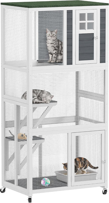 74" Wooden Catio Outdoor Cat Enclosure Weatherproof & Wheeled, Outside Cat House with High Weight Capacity, Kitten