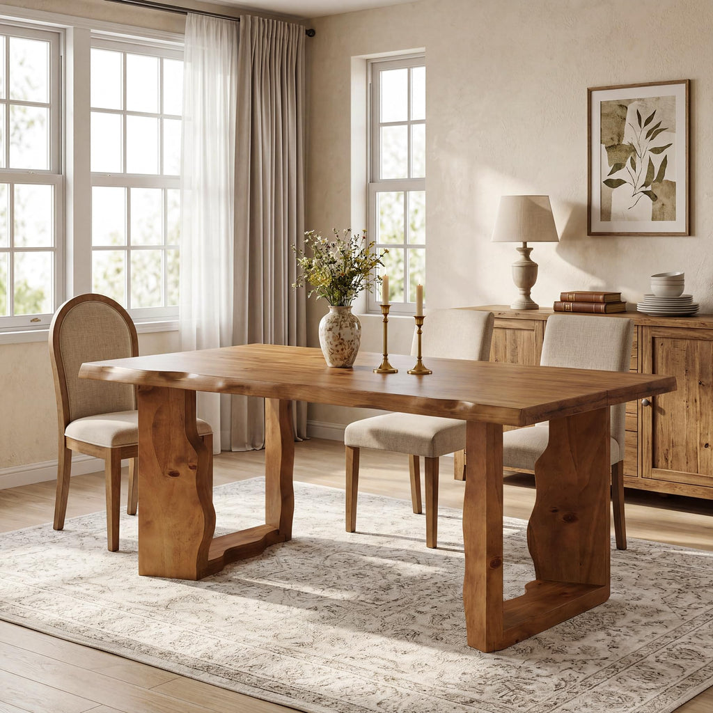 63" Live Edge Solid Wood Dining Table, Modern Rustic Kitchen Table with Sculptural Legs, 6-Person Rectangular Dinner