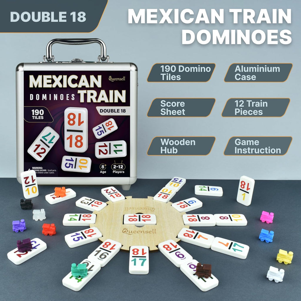 Mexican Train Dominoes Set with Numbers - Double 18 Dominos Set for Adults and Kids - Mexican Dominoes Train Game