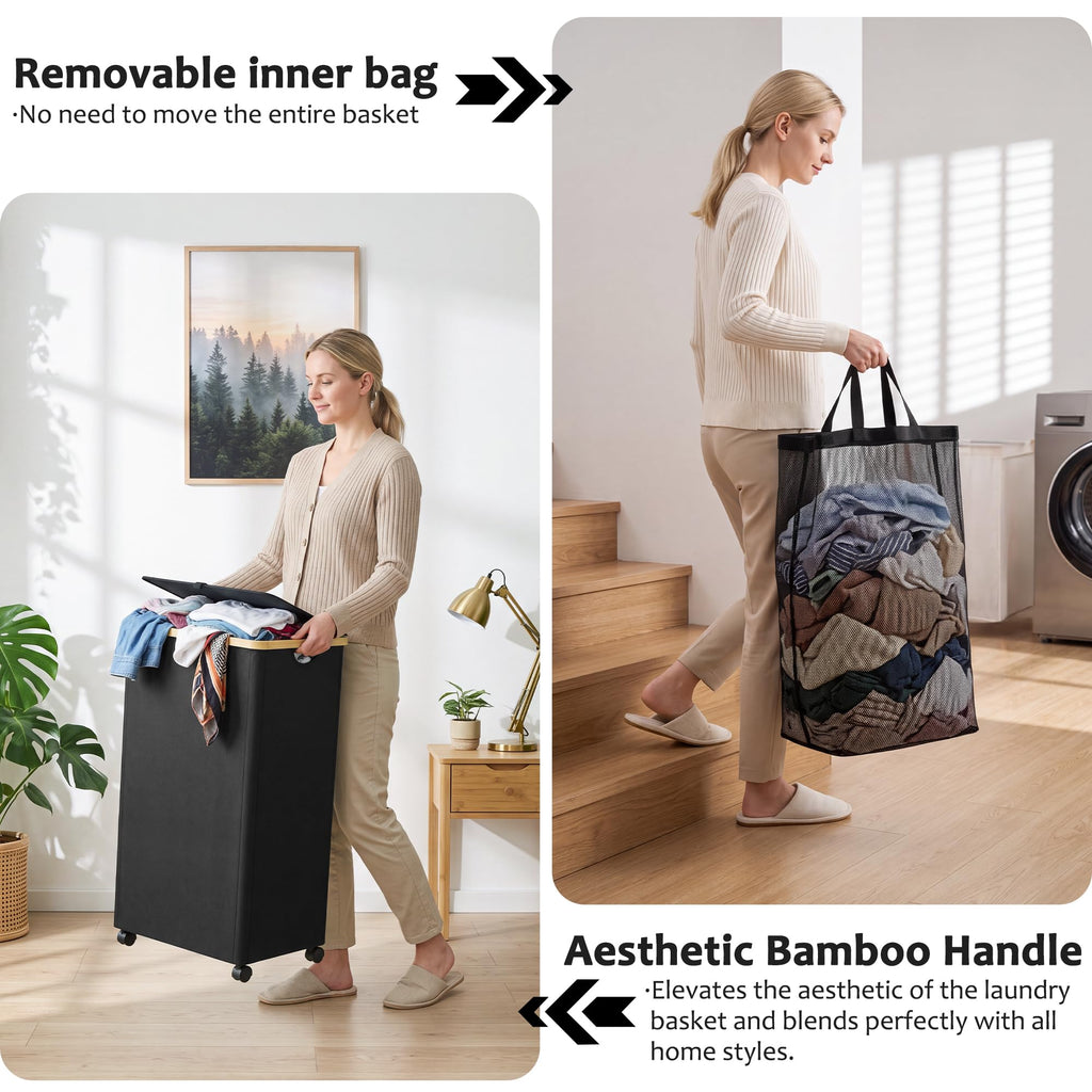 100L Laundry Basket with Wheels and Lid, Rolling Laundry Hamper with Bamboo Handles and Removable Bag, Dirty Clothes