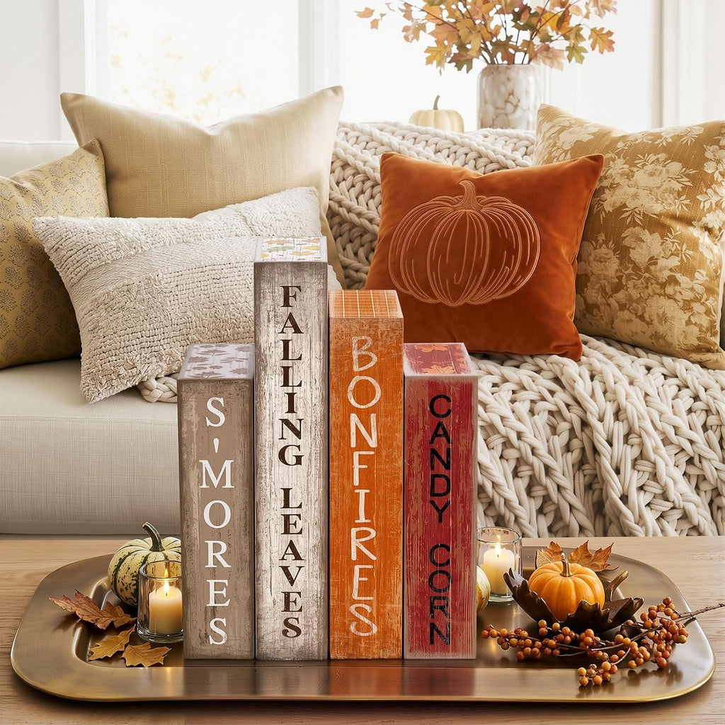 Fall Table Decoration Wooden Book Sign,Maple Leaves - Set of 4