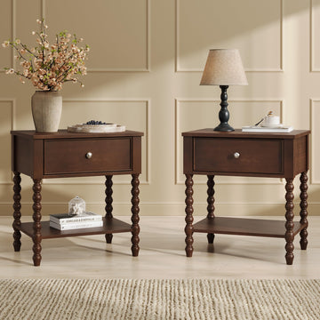 Walnut Nightstand Set of 2, Solid Wood Bedside Table, Dark 24"