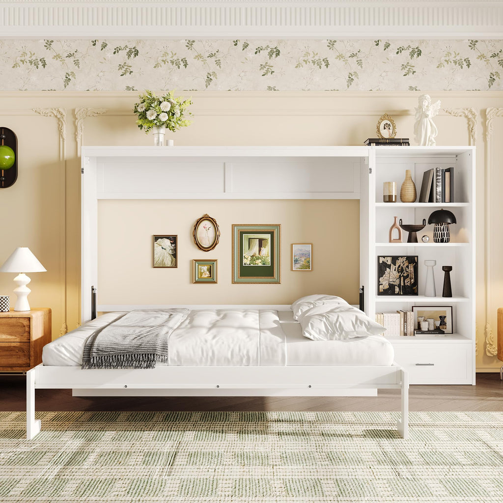 Queen Size Murphy Bed with Height Adjustable Storage Compartments and Shelf, Wall Bed Frame with 1 Drawer, Foldable