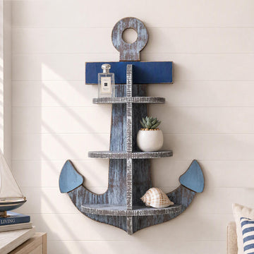 23.6" Nautical Wooden Anchor Wall Shelf, Rustic Blue Wood Anchor Beach Decor Shelf, Coastal Wall Art Decor -Ocean