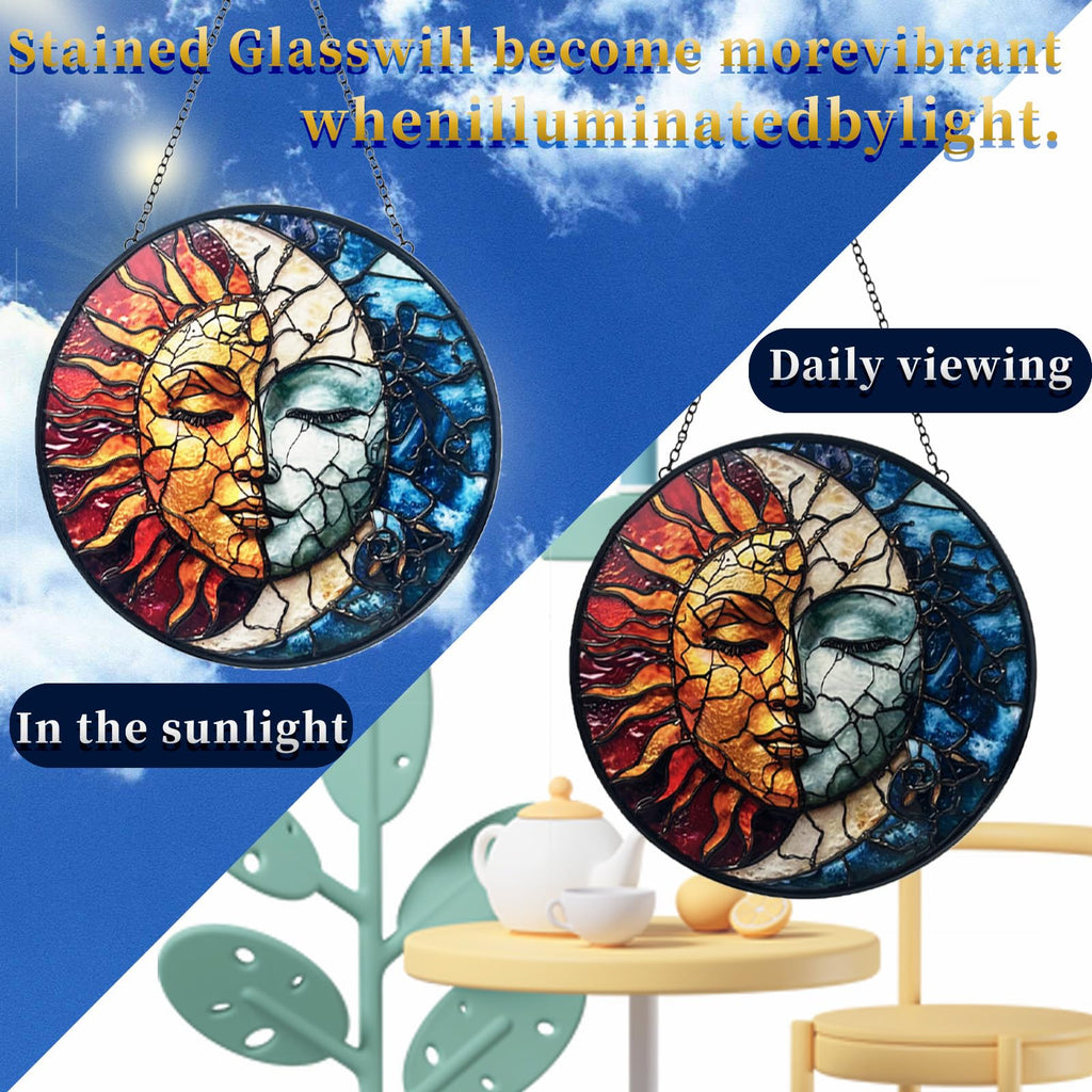 Sun and Moon Decor Suncatcher Stained Glass Window Hanging - Handmade Stained Glass Suncatchers Hanging Decoration